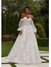 Beaded Ivory Lace Sequined Tulle Wedding Dress With Detachable Sleeves